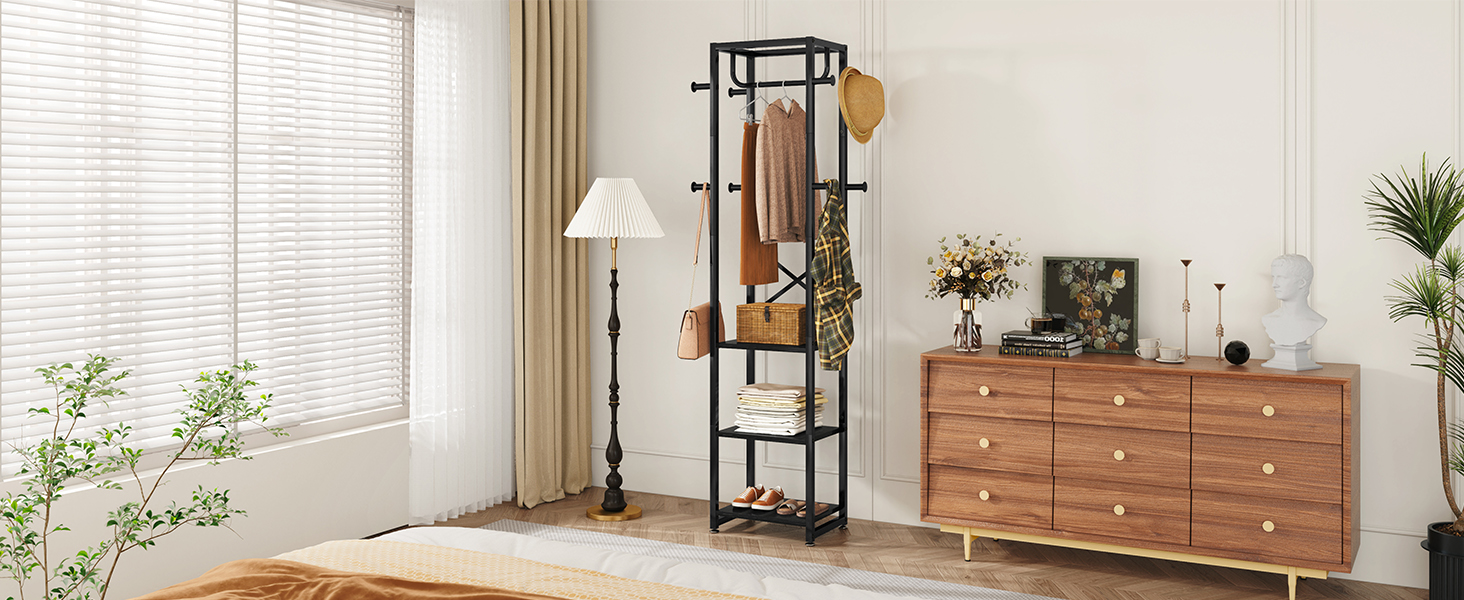 Підставка для одягу IBUYKE, вішалка для одягу з 3 полицями та 8 гачками, індустріальна вішалка для передпокою, коридору, спальні, природа та білий, TMJ088R, Природний та Білий (180 x 40 x 30 см, Чорний)