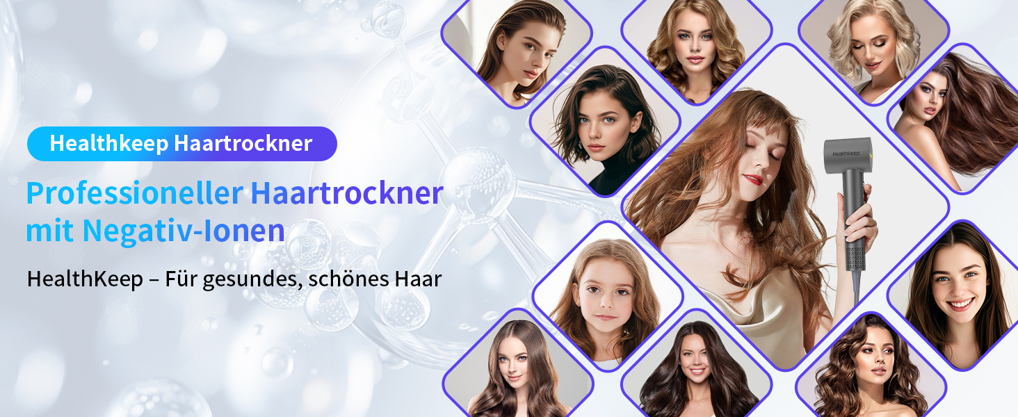 Фен для волосся Healthkeep з негативними іонами, 1600 Вт, високошвидкісний мотор 10 000 об/хв, 2 дифузори, низький рівень шуму (<78 дБ), швидке сушіння