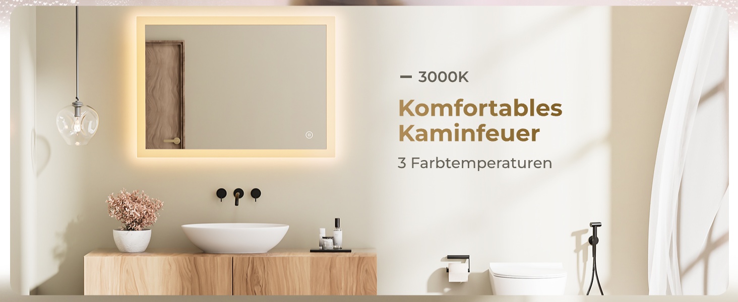 Дзеркало для ванної кімнати з підсвічуванням LED 80x60 см, регульоване, з протитуманним покриттям, вертикальна/горизонтальна установка, 3 кольори світла (3000K/4000K/6500K)