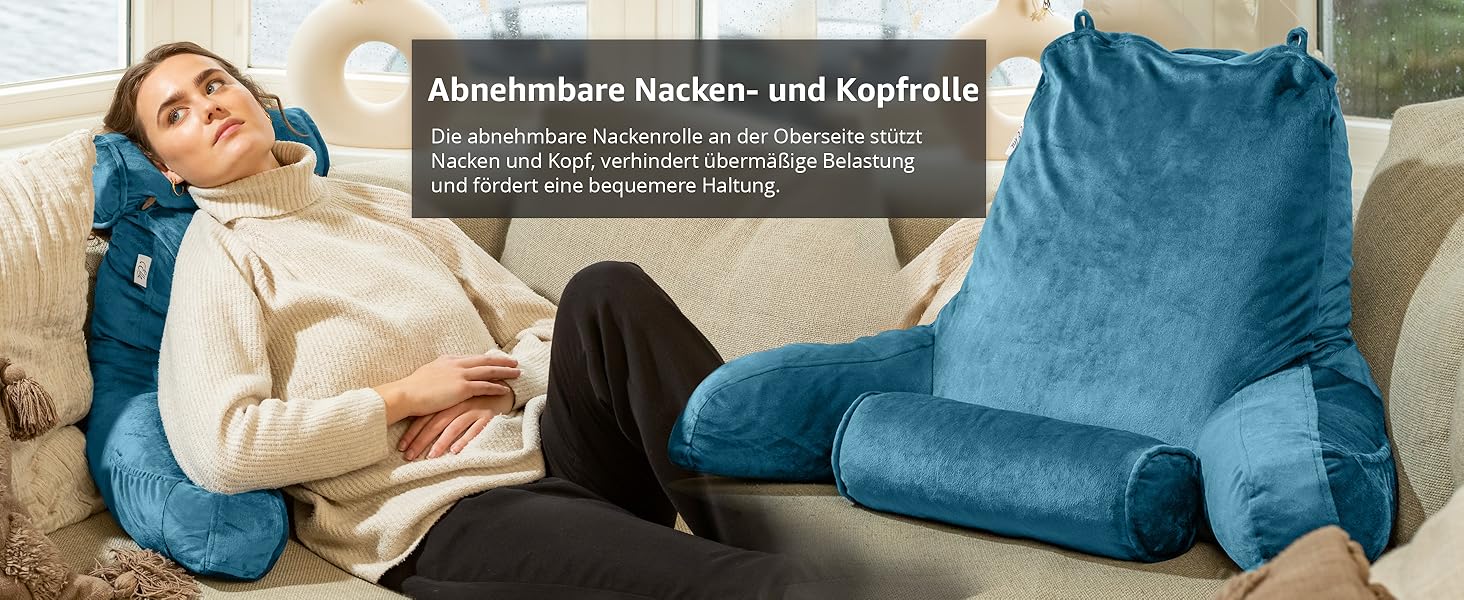 Подушка для читання Ella Lesekissen для ліжка та дивану з знімною подушкою для шиї - спинна подушка для ліжка. Зроблена з піни з пам'яті з підлокітниками, ідеально підходить для читання, перегляду телевізора, відпочинку або як спинна підтримка (Блакитний)