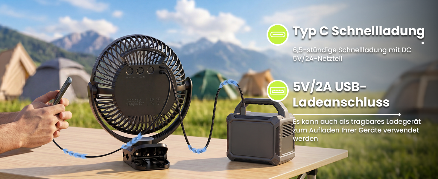 Вентилятор портативний Ateroll 10000mAh з пультом, USB, 20 см, 3 швидкості, з LED підсвіткою та таймером - для дому, офісу, кемпінгу