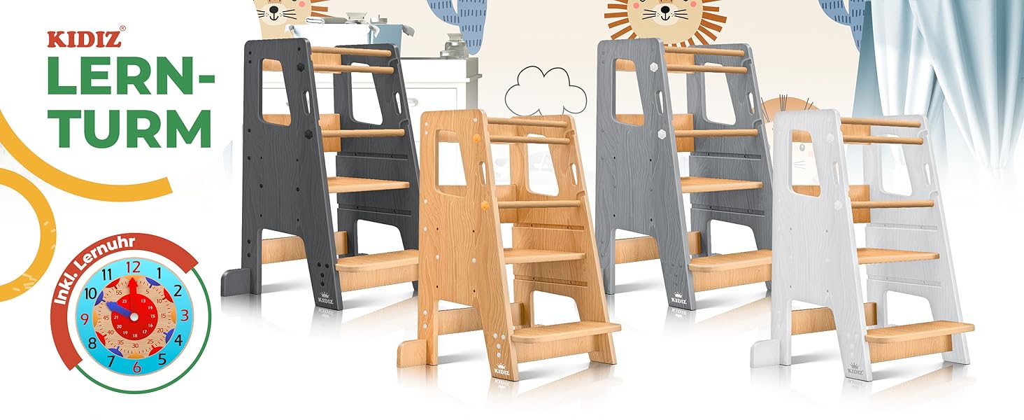 КІДІЗ® навчальний стільчик для дітей від 1 року | 3-ступеневий регульований по висоті | з навчальним годинником | дерев'яний (сосна) | розвиває моторику | Montessori Learning Tower | до 50 кг | антрацит & сосна