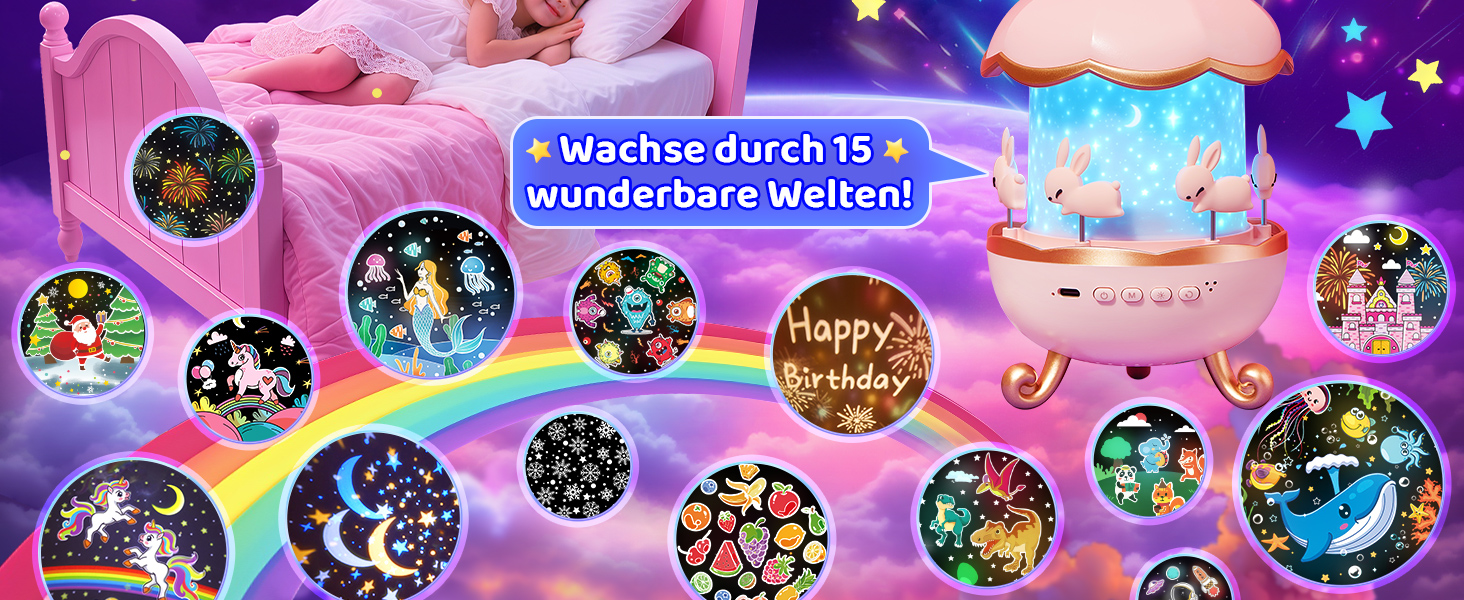 Дитячий нічник-проектор One Fire у формі єдинорога: 15 фільмів, 15 варіантів білого шуму, дистанційне керування, акумулятор 1200mAh, обертання 360°, подарунок для дівчаток 3-12 років