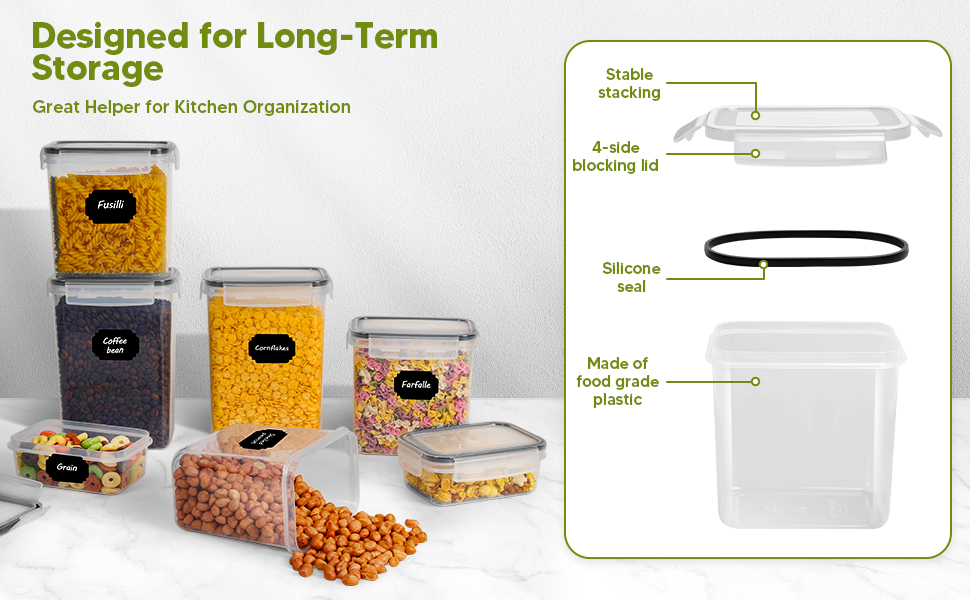 Набір контейнерів для зберігання продуктів 22 шт. з кришкою, BPA-Free, для крупи, макаронів, кави (2,8 L/2 L/1,4 L/0,8 L/0,52 L)
