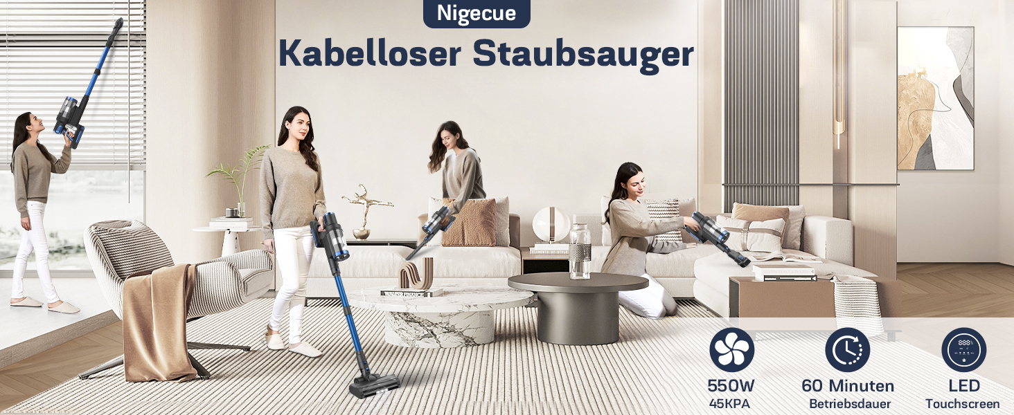 Бездротовий пилосос Nigecue 550W з акумулятором, 45000Pa, 60 хвилин роботи, Smart-дисплеєм, антизаплутувальною щіткою, 1.5L контейнером для сміття, для твердих поверхонь, килимів та шерсті тварин