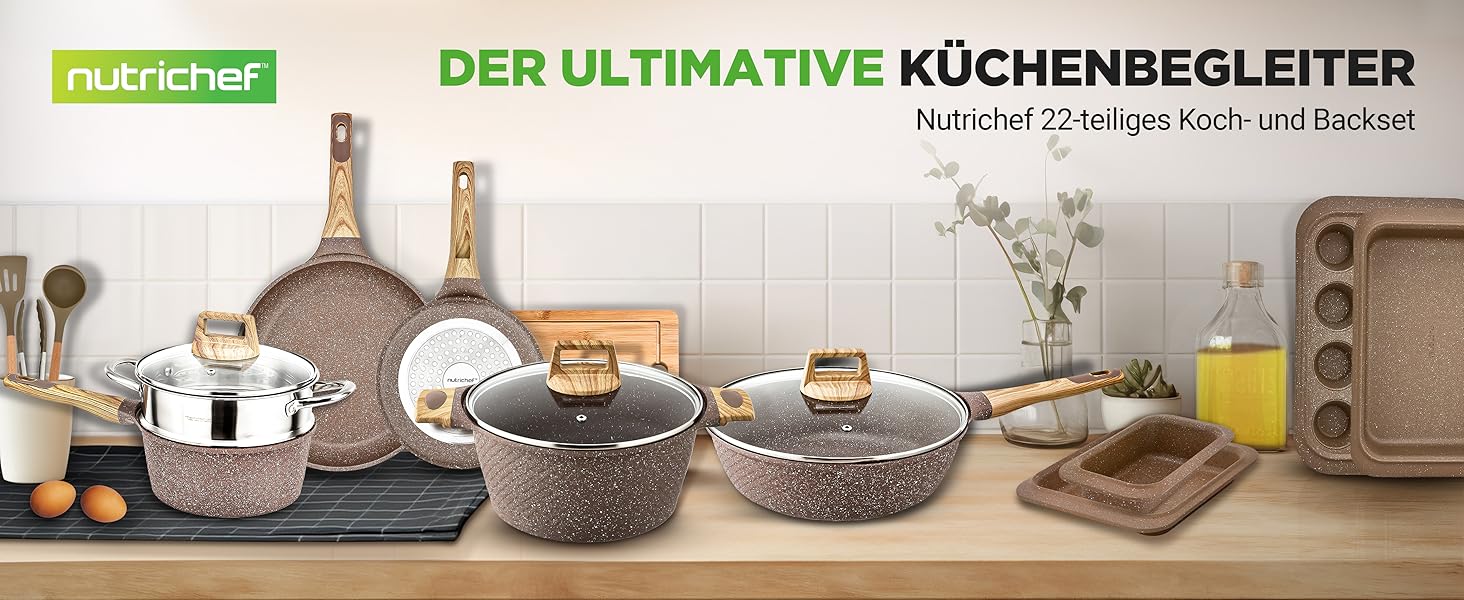 Набір посуду NutriChef Сандбраун 22 предмети: антипригарні каструлі та сковорідки з мармуровим покриттям, включаючи щипці для грилю, форму для випічки та рукавиці для духовки. Підходить для індукційних плит, можна мити в посудомийній машині