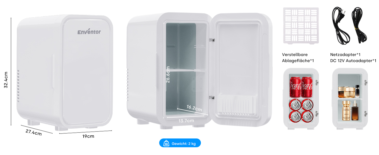 Міні-холодильник Enventor 6 л (8 банок), портативний охолоджувач та підігрівач, живлення AC/DC 12V для авто, спальні, косметики та напоїв, білий