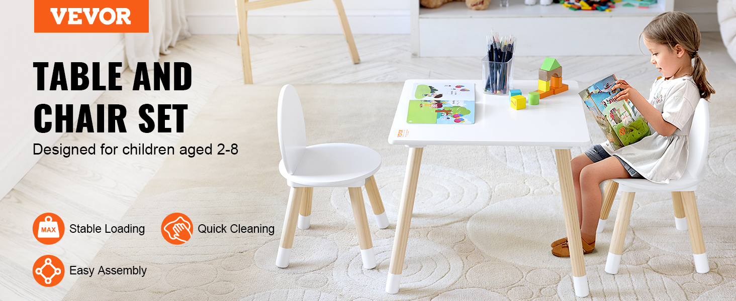 Дитячий комплект меблів VEVOR: стіл та 2 стільці для дітей. Комплект меблів для дитячої кімнати з сосни, білий. Міцні дитячі меблі для ігор та навчання.