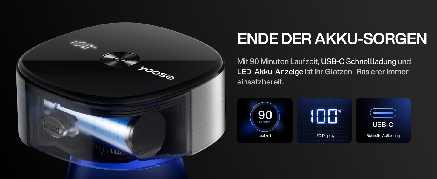 Електрична машинка для гоління голови Yoose Herren IPX7 (5 насадок, 90 хв, USB-C, індикатор заряду, вологостійка, срібляста)