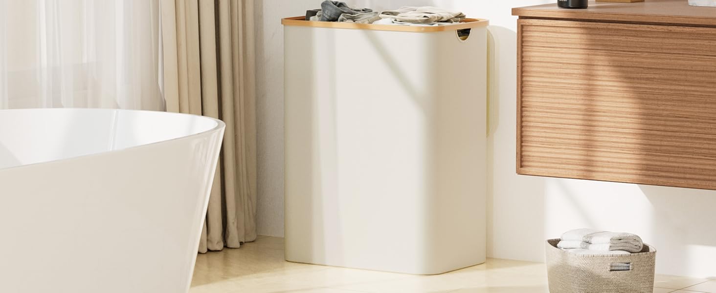 Кошик для білизни Youdenova з кришкою, великий, 160л, бамбук та дерево, сортувальник для білизни, білий