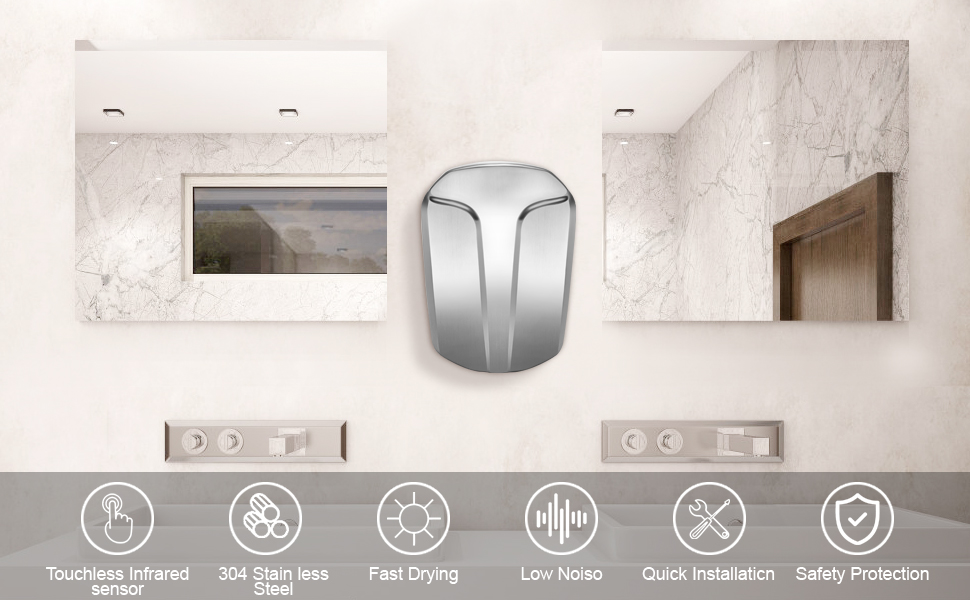 Електричний сушар для рук QL автоматичний з HEPA-фільтром, нержавіюча сталь, настінний, 1150W, срібний