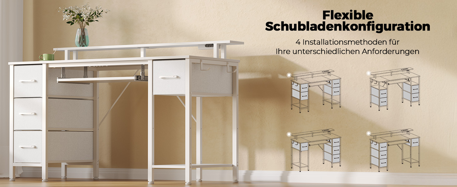 Стіл Rolanstar з шухлядами, 120x47 см, ігровий стіл з розеткою, LED-підсвітка та підставка для монітора, стіл для комп'ютера з підставкою для клавіатури, білий