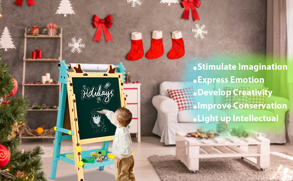Дитячий мольберт Kinder с паперовою рулеткою, двосторонній, регульований по висоті, дошка для малювання маркерами та крейдою, мольберт для стоячи з цифрами та аксесуарами, мольберт для малювання для малюків, хлопчиків та дівчаток
