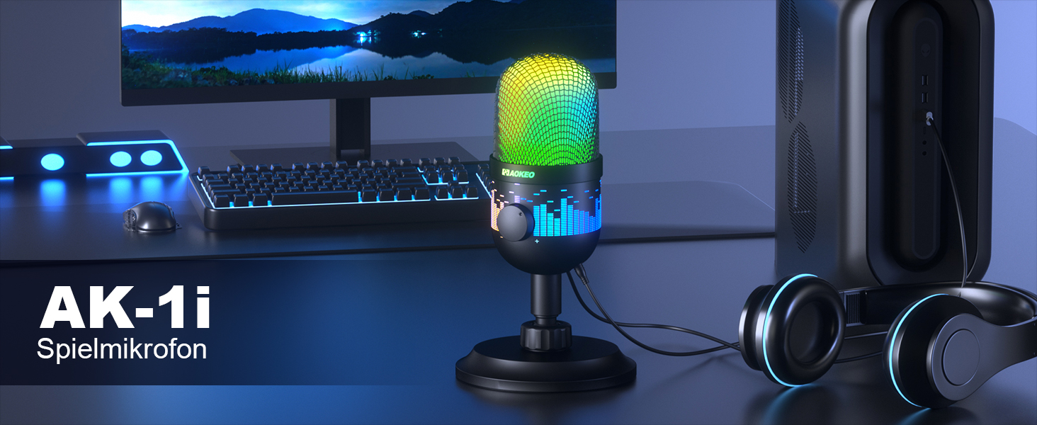 Мікрофон Aokeo для запису та стрімінгу: USB мікрофон для ПК, Mac, PS4/5, з LED-підсвічуванням