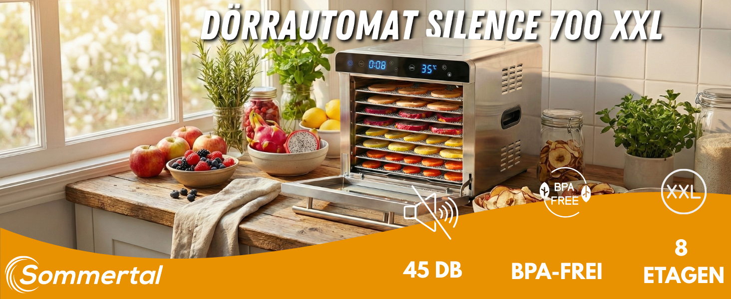 Сушарка для овочів та фруктів Sommertal Silence 700 XXL з нержавіючої сталі - дегідратор з 8 решітками, таймером, LED-дисплеєм, регульованою температурою 35-85°C, 700 Вт, без BPA + книга рецептів