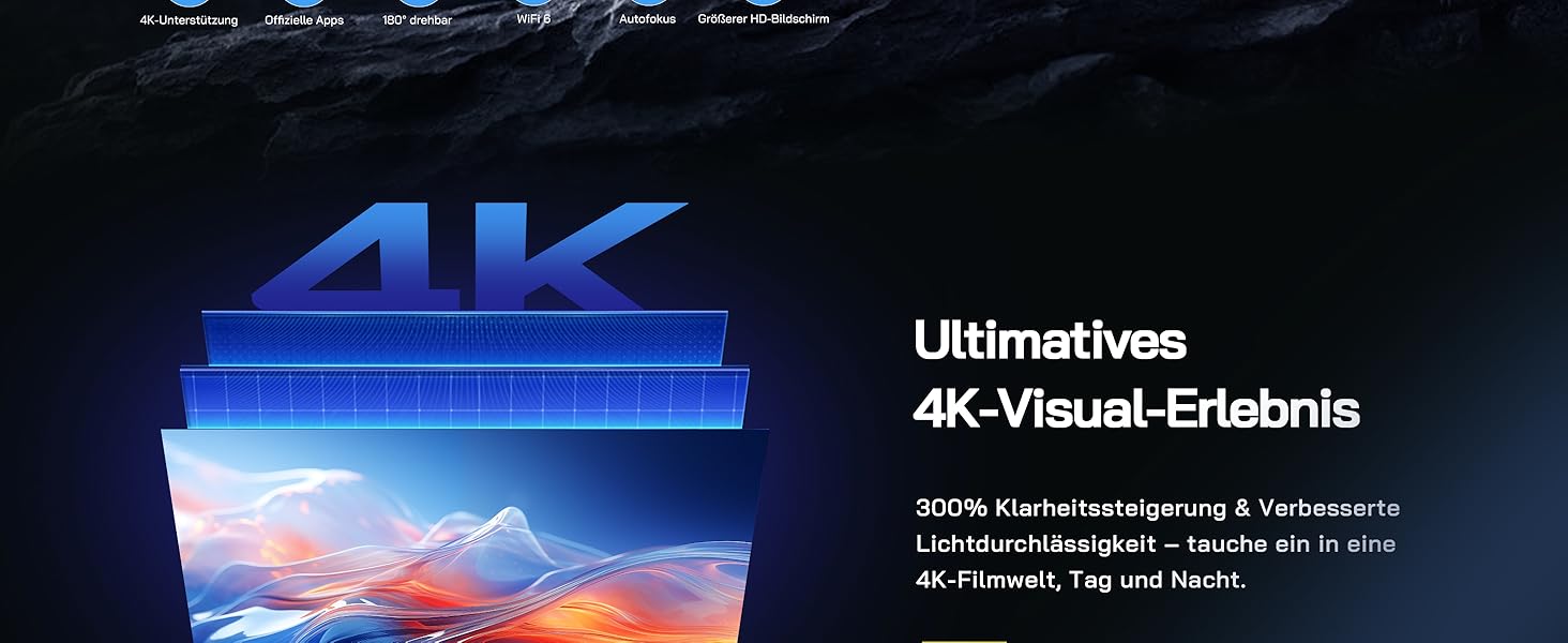 Міні проектор WOLFANG 4K з автофокусом та корекцією трапеції, 28000 люмен, WiFi 6, Bluetooth, для домашнього кінотеатру, 180° підставка, підтримка iOS/Android, для показу на вулиці