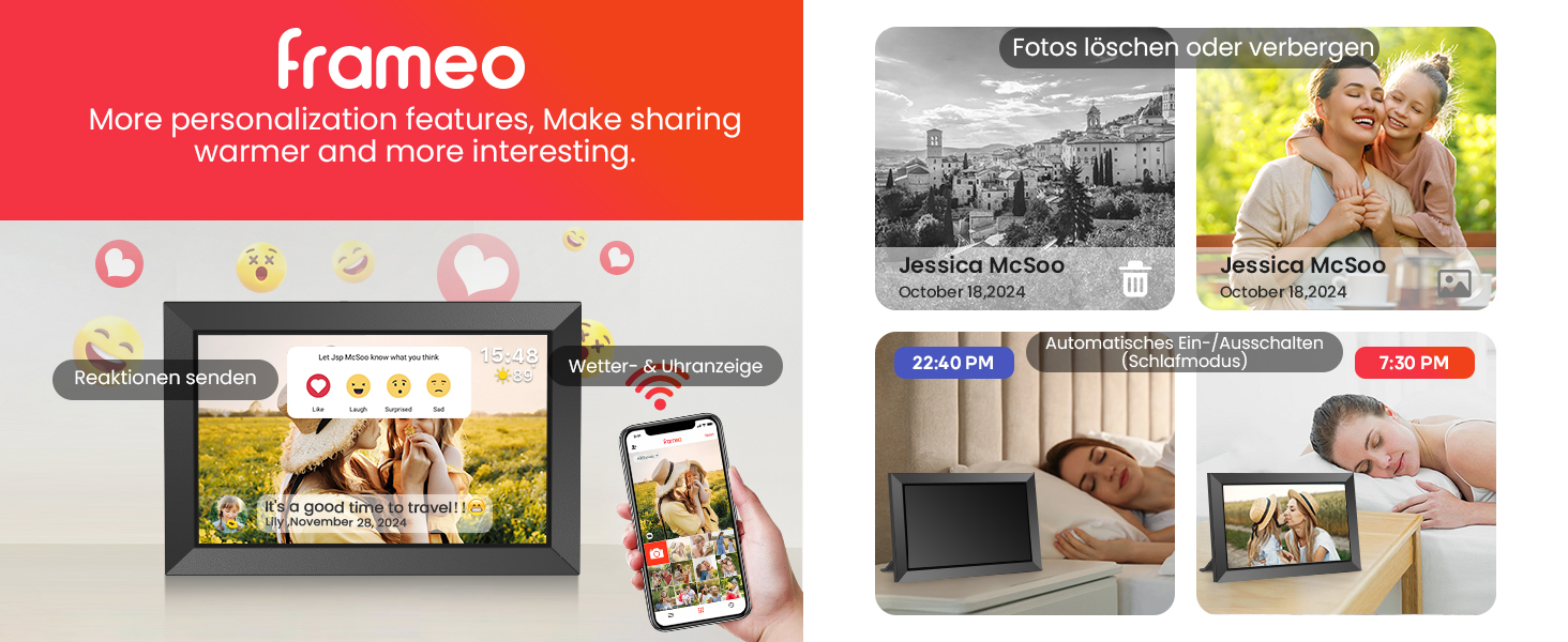FRAMEO Цифровий фотоальбом 10.1 дюйма з Wi-Fi, IPS сенсорний екран, 32GB пам'яті, автоповорот, чорний