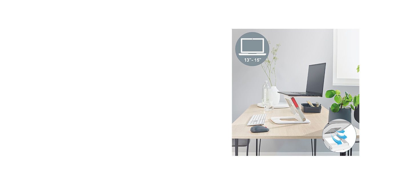 Підставка для ноутбука Leitz Ergo, регульована по висоті, для ноутбуків 13'-15', з 80% переробленого пластику, 6 положень висоти та кута, компактна, 100% перероблювана, білий колір