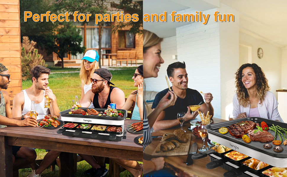 Електричний гриль для фондю Raclette на 8 осіб з антипригарним покриттям, 1500W, з 8 міні-сковорідками та 4 дерев'яними шпателями, регульована температура, нержавіюча сталь 44 x 30 x 16 см