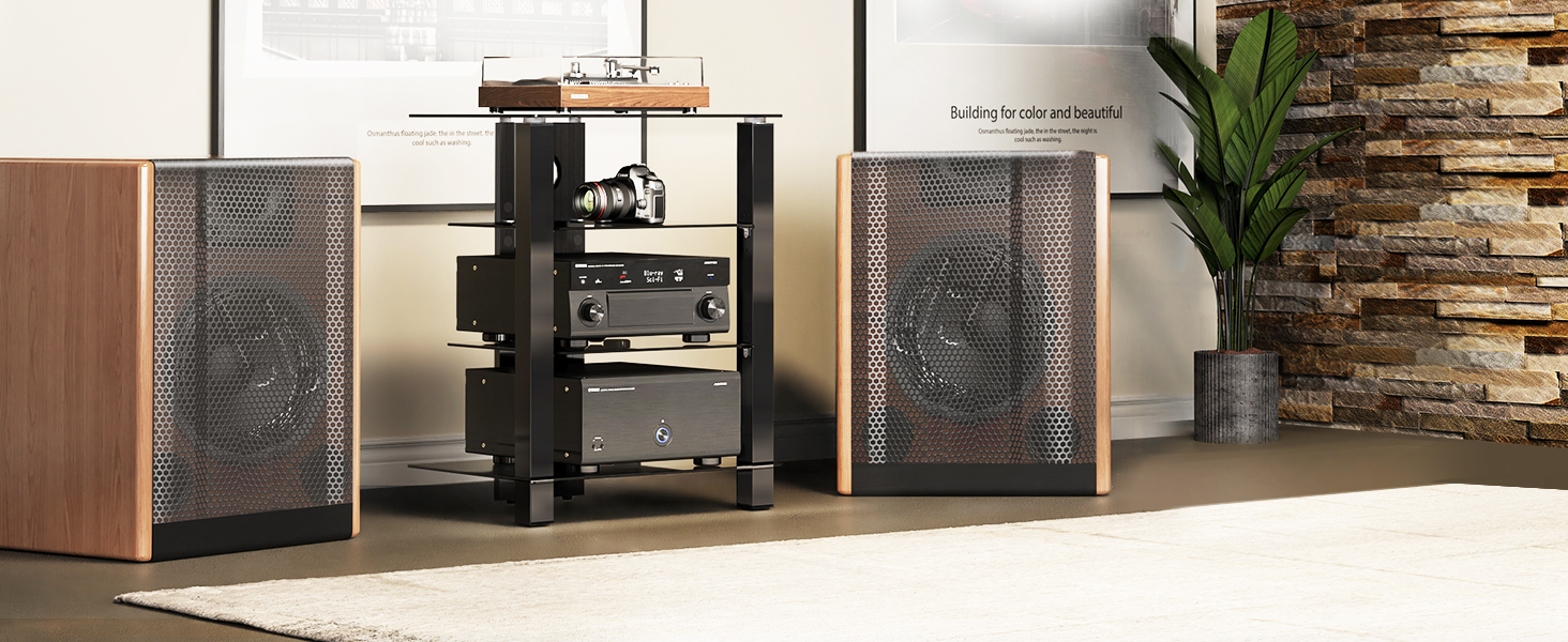 Стельова полиця FITUEYES для телевізора та аудіоапаратури з регульованою висотою, скло та алюміній