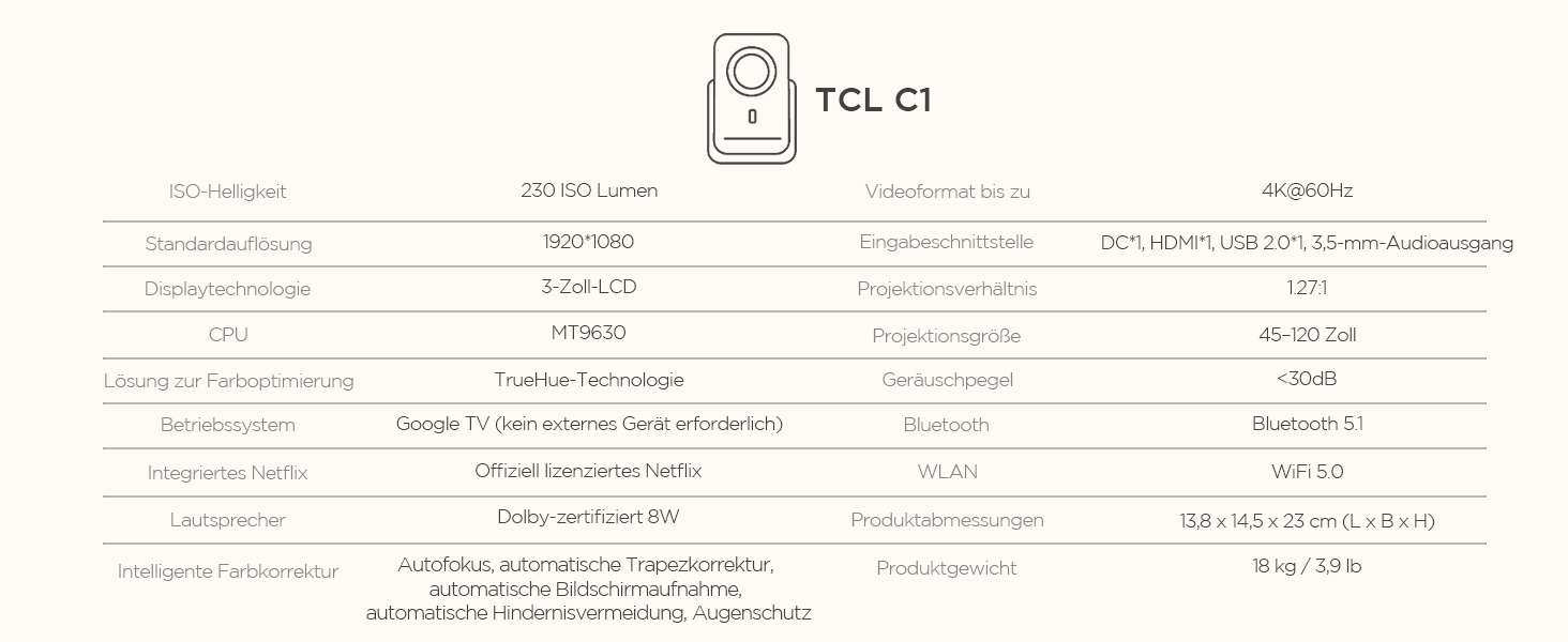 TCL C1 Smart Mini Beamer 4K: Проектор з Google TV, Netflix, Wi-Fi, Bluetooth, Автофокус, Keystone, Dolby Audio 8W