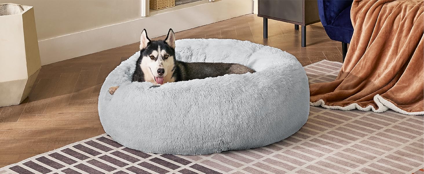 Лежак для собак Bedsure Donut XXL - Ø 115 см, пухнастий, миється (Д 91 x Ш 91 x В 25 см, світло-сірий)