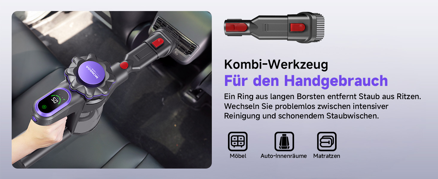 Бездротовий акумуляторний пилосос MONSGA з великою потужністю 45000Pa, до 50 хвилин роботи, дисплеєм, антизаплутана насадка, самостійна парковка, настінна зарядка, 8-шарова фільтрація, безщітковий двигун, для твердих поверхонь, килимів, шерсті тварин та авто.
