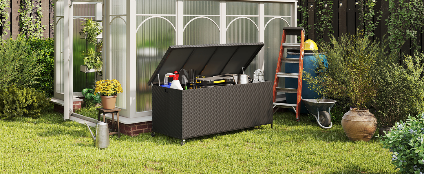 Водонепроникний садовий ящик Amopatio Gartenbox 480л з поліротангу, металевий ящик для подушок на колесах з газліфтом, чорний