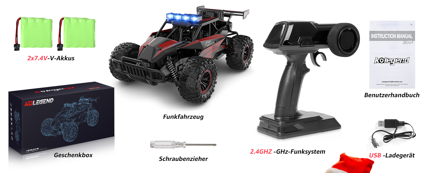 Радіокерований позашляховик Kolegend для хлопчиків, 2 акумулятори, 50 хв, масштаб 1:12, 25 км/год, 2.4 GHz, червоний