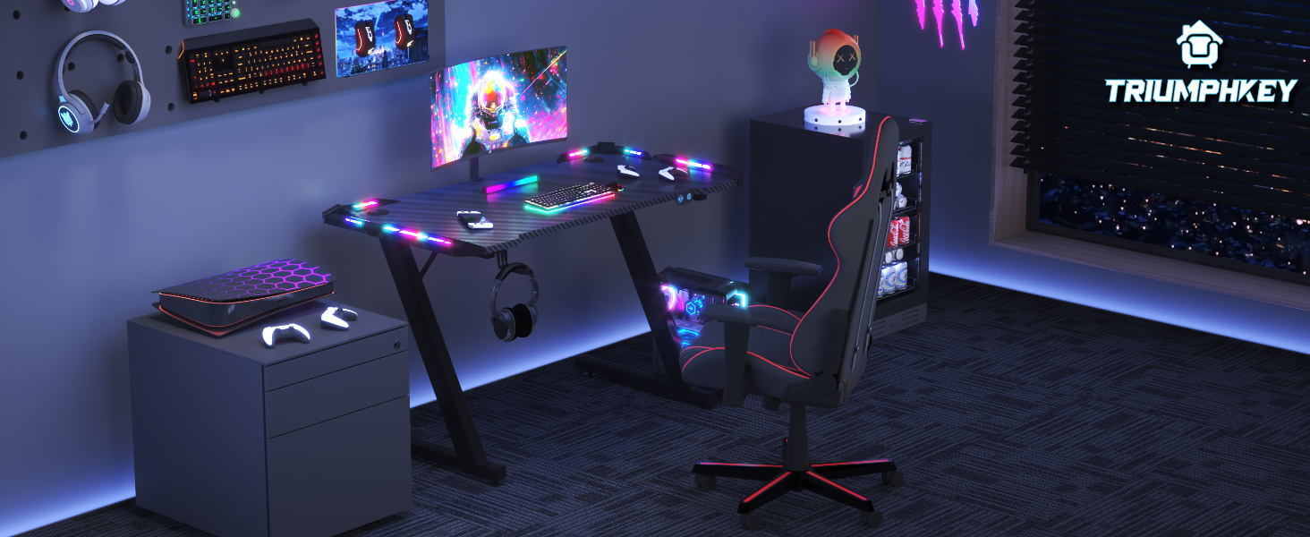 Ігровий стіл JUMMICO з RGB LED-підсвіткою, стійкий комп'ютерний стіл для геймерів та домашнього офісу, з тримачем для навушників та підстаканником, 120 x 60 см, чорний