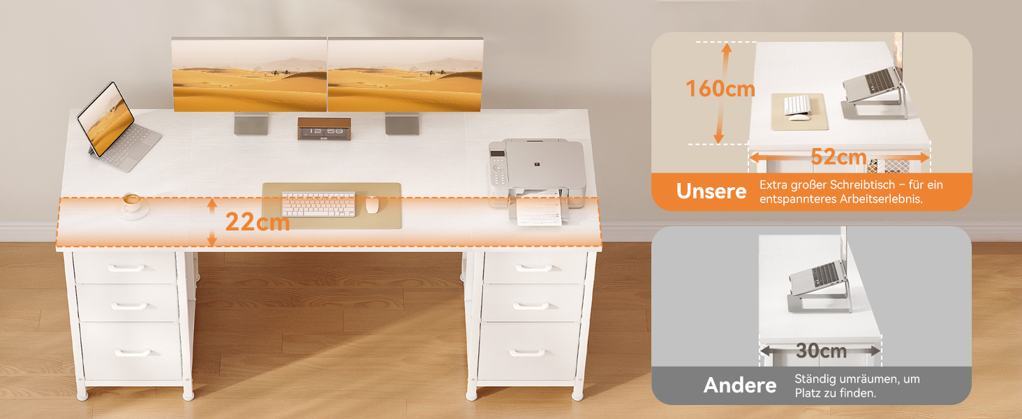 Комп'ютерний стіл Coleshome білого кольору з 6 шухлядами та полицями, 160x52 см, для дому та офісу
