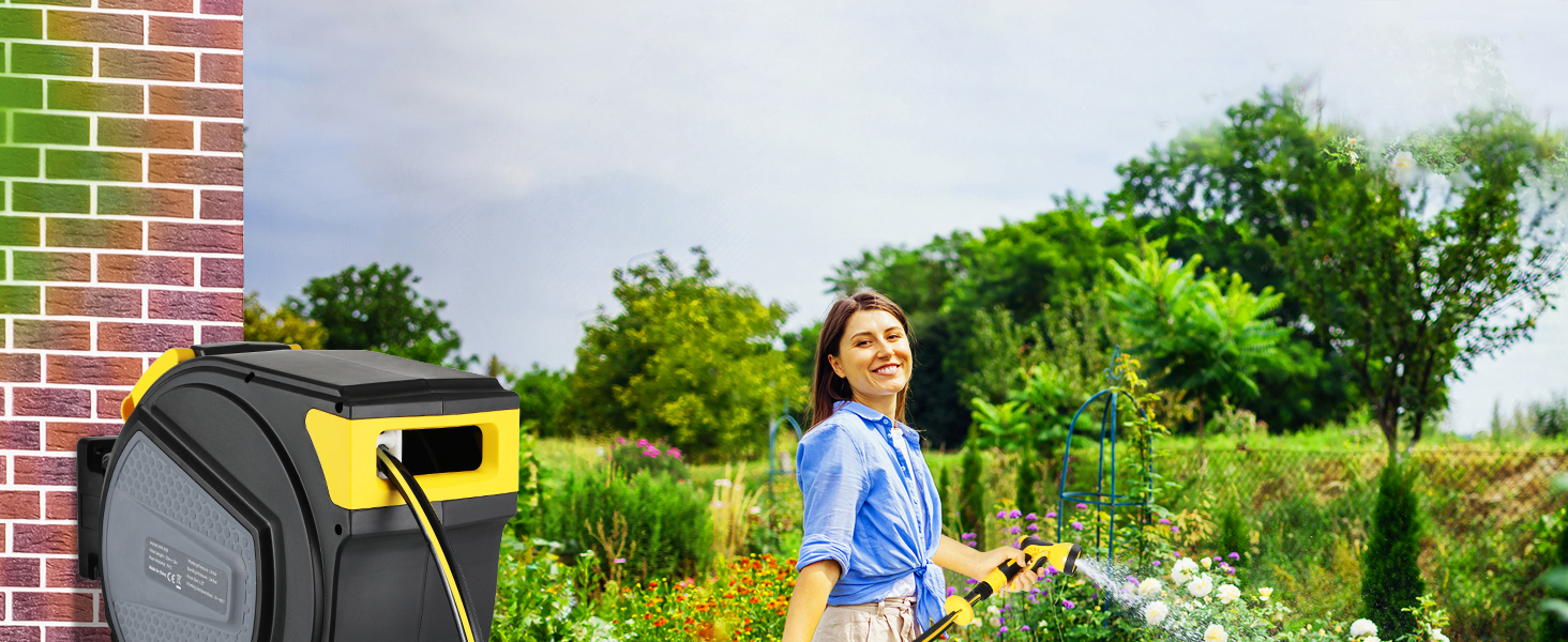 Шланговий барабан з шлангом для саду з автоматичним змотуванням, поворотний на 180°, настінна шланговий бокс з ручною лійкою (9 функцій), для поливу та миття авто (чорно-жовтий, 30м)