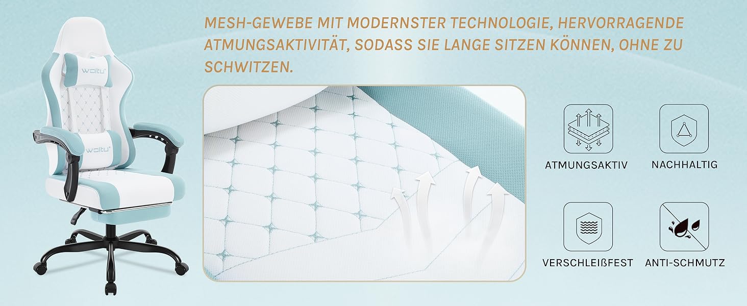 Ігровий крісло WOLTU з масажем, комп'ютерне ергономічне крісло, кишенькові пружинні подушки, масаж попереку, підголовник, підніжка, поворотне крісло, 150 кг, Рожевий+Білий, сітчаста тканина