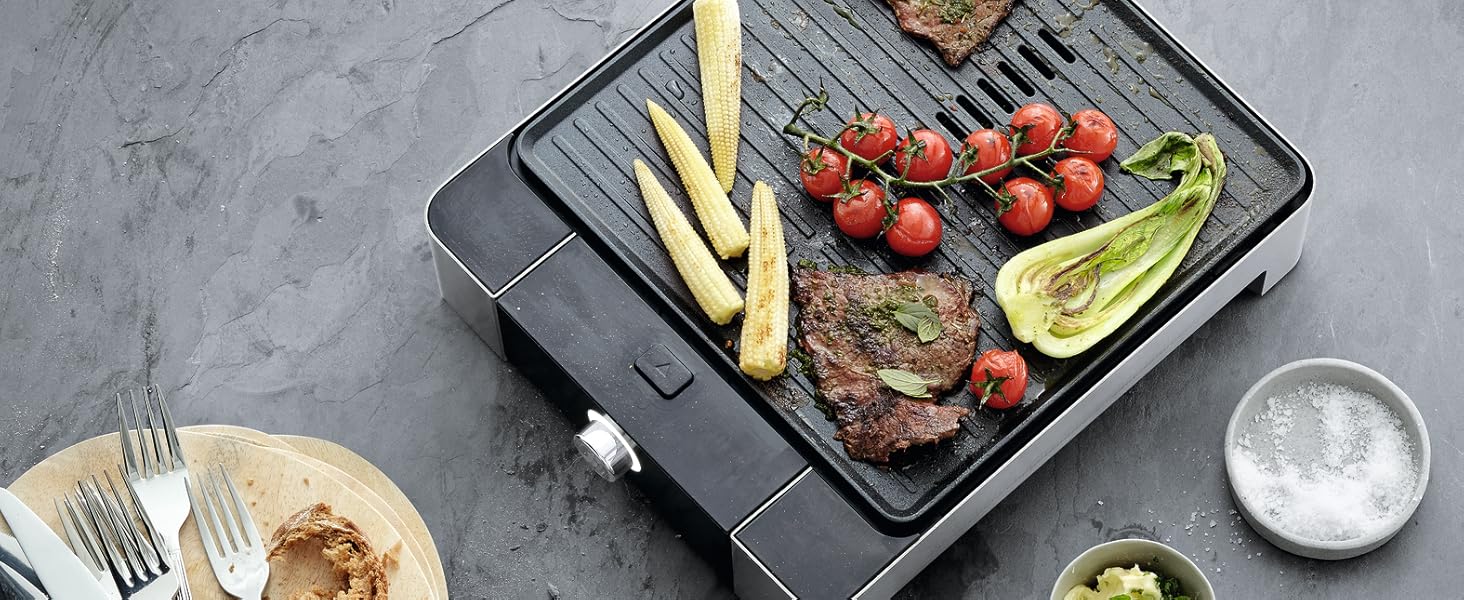 Електричний гриль WMF Lono Quadro: компактний гриль з нержавіючої сталі, 1250 Вт, для дому, легко миється