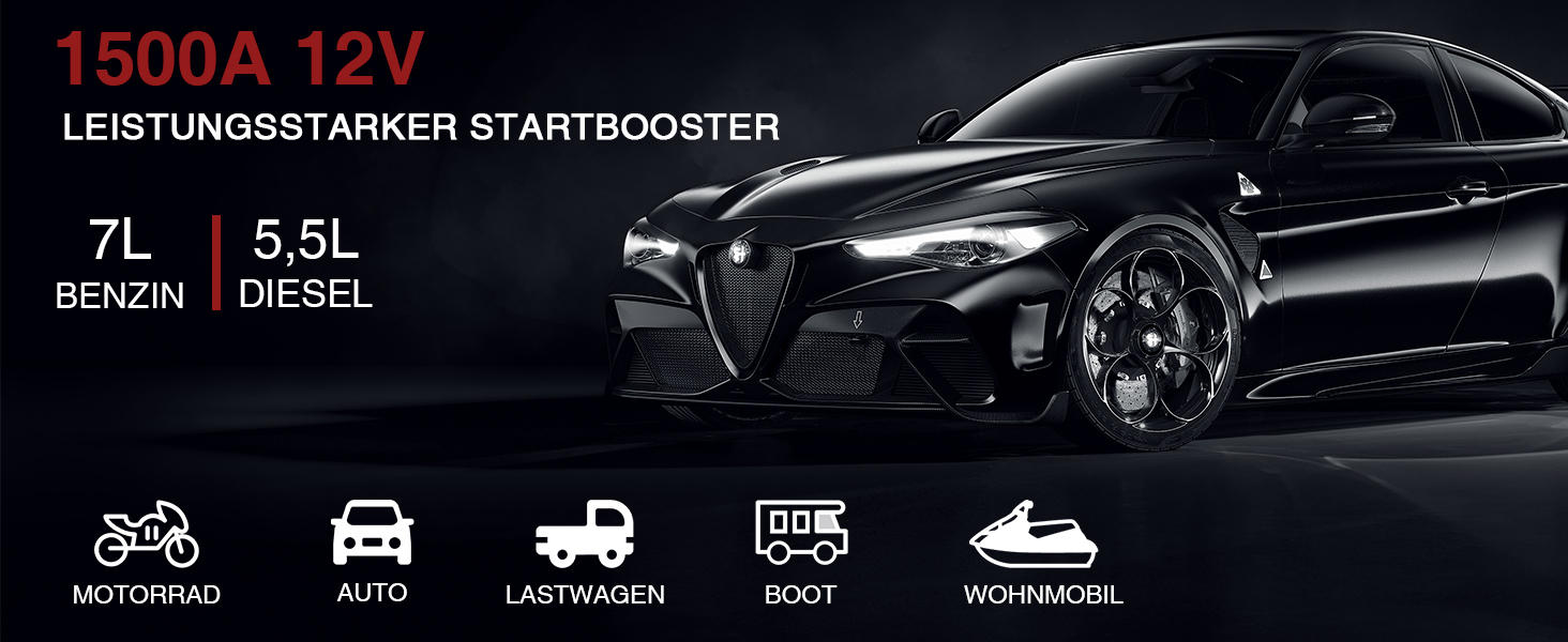Powerbank Starthilfe NEXPOW 1500A: Зарядний пристрій для автомобіля, стартер, LED ліхтарик, USB, 12V, 1500A