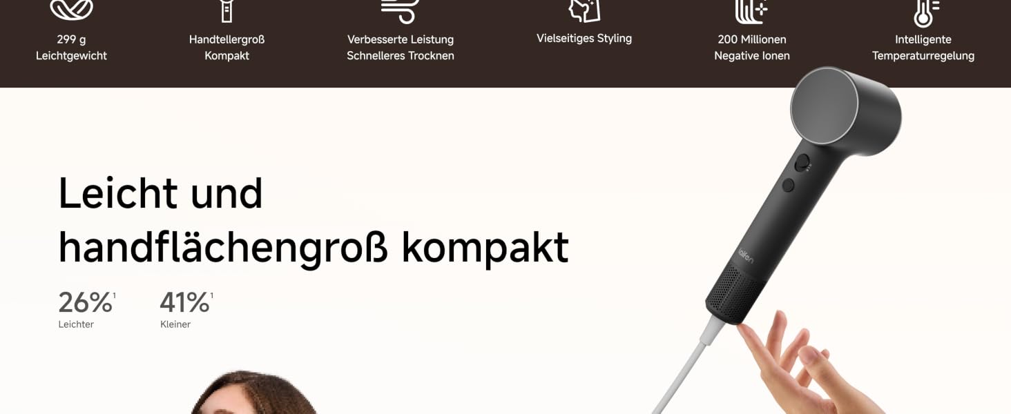Фен для волосся Laifen Air Pro, швидкість повітряного потоку 20 м/с, вага 299 г, колір нічний чорний