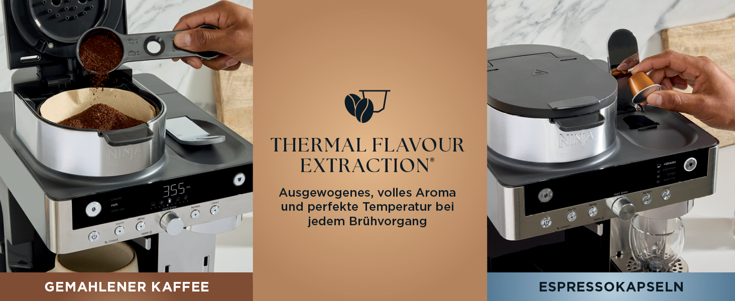 Кавомашина Ninja Prestige 2-в-1 для фільтр-кави та капсул з вбудованим капучинатором, для лате, айс-кави та флет вайт, чорна CFN802EU