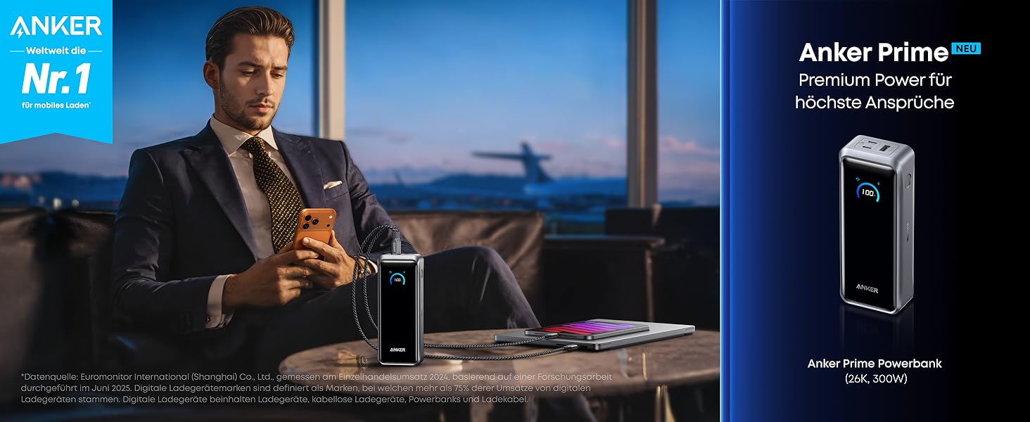 Power Bank Anker Prime 26250mAh: 3 порти, 300W, швидка зарядка, TSA-сертифікований, керування через додаток, для MacBook, iPhone та інших пристроїв