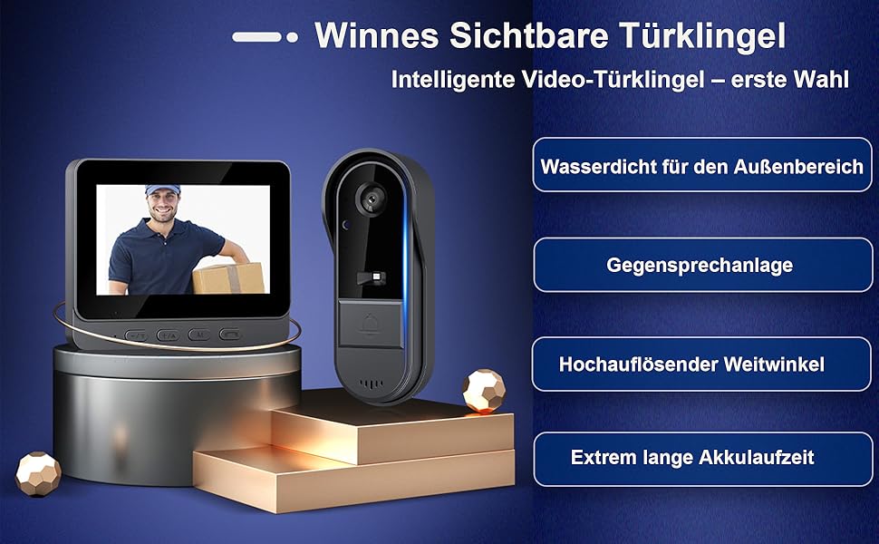 Відеодзвінок Winnes з камерою 1080P, Bluetooth, IP65, 4.3