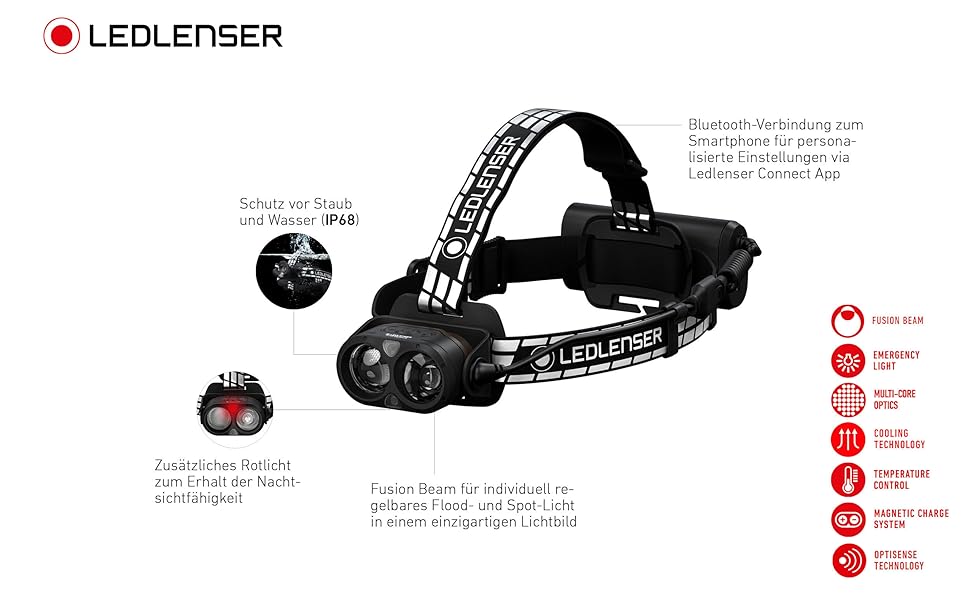 Світлодіодна фара Ledlenser, 3500 люмен, літієва акумуляторна батарея, з червоним світлом, водонепроникність IP67, постійне світло, дальність освітлення 300 м, Fusion Light, USB-Магнітний зарядний кабель, фара, головна лампа (H19r Signature, одиночна)