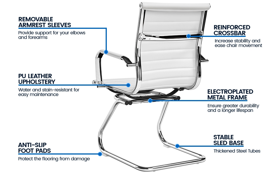 Стільці для відвідувачів Yaheetech, консольні стільці з хромом, ергономічні, спинка, підлокітники, металевий каркас, штучна шкіра, білий 2