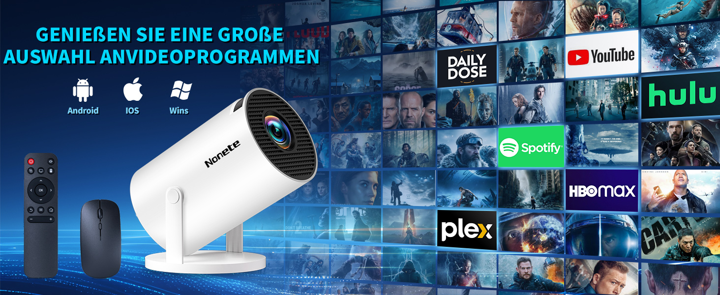 Beamer 4K проєктор: Full HD 1080P, WiFi 6, Bluetooth 5.2, Android, портативний, поворотний 270°, авто-корекція Keystone, для PC/HDMI/USB, з мишкою та пультом, білий