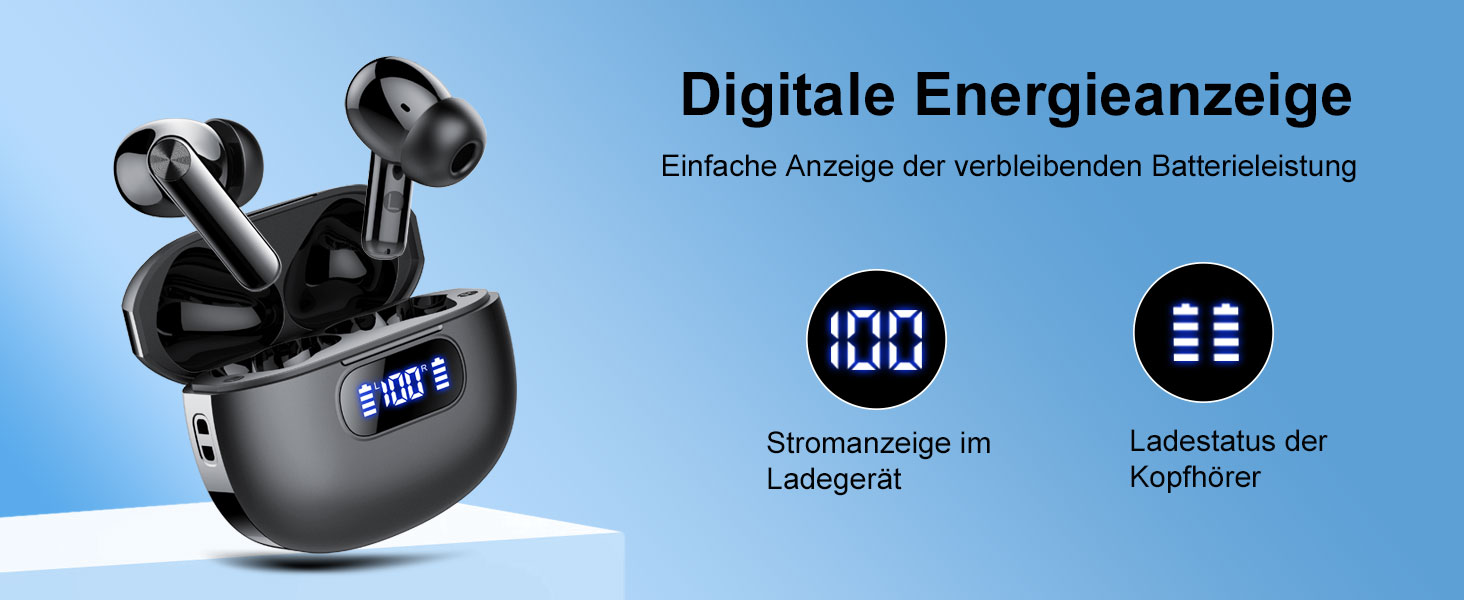 Бездротові навушники-вкладиші Bluetooth 5.3, шумозаглушення ENC, LED, 48 годин, HiFi, IP7, чорний глянець