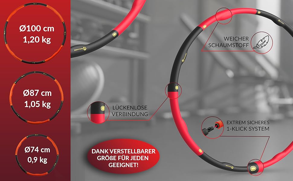 Обруч Paranize для дорослих для початківців вагою 1,2 кг вкл. Тренувальне відео - інтенсивне спалювання жиру завдяки Хулахуппрейду для схуднення - з обручем для фітнесу Обруч для бажаної фігури чорний / червоний