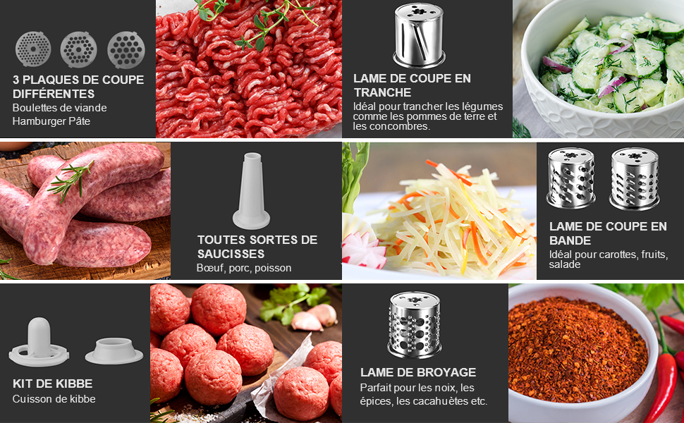 Електричний м'ясорубка Nictemaw Fleischwolf 2000W з 3 насадками: для фаршу, ковбаси та випічки. Підходить для м'яса, овочів та тіста (сірий)