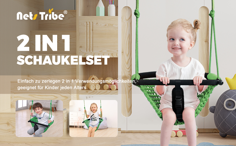 Двомісна гойдалка Nets Tribe 2-в-1 для малюків. Гойдалка для дітей з регульованими мотузками, міцна гойдалка-ігровий набір для дому та саду. (Зелений)