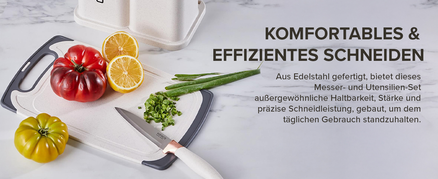 Набір ножів Karaca Gusto 12 предметів з дерев'яною підставкою та кухонними аксесуарами, з нержавіючої сталі, ергономічні ручки, кремовий колір