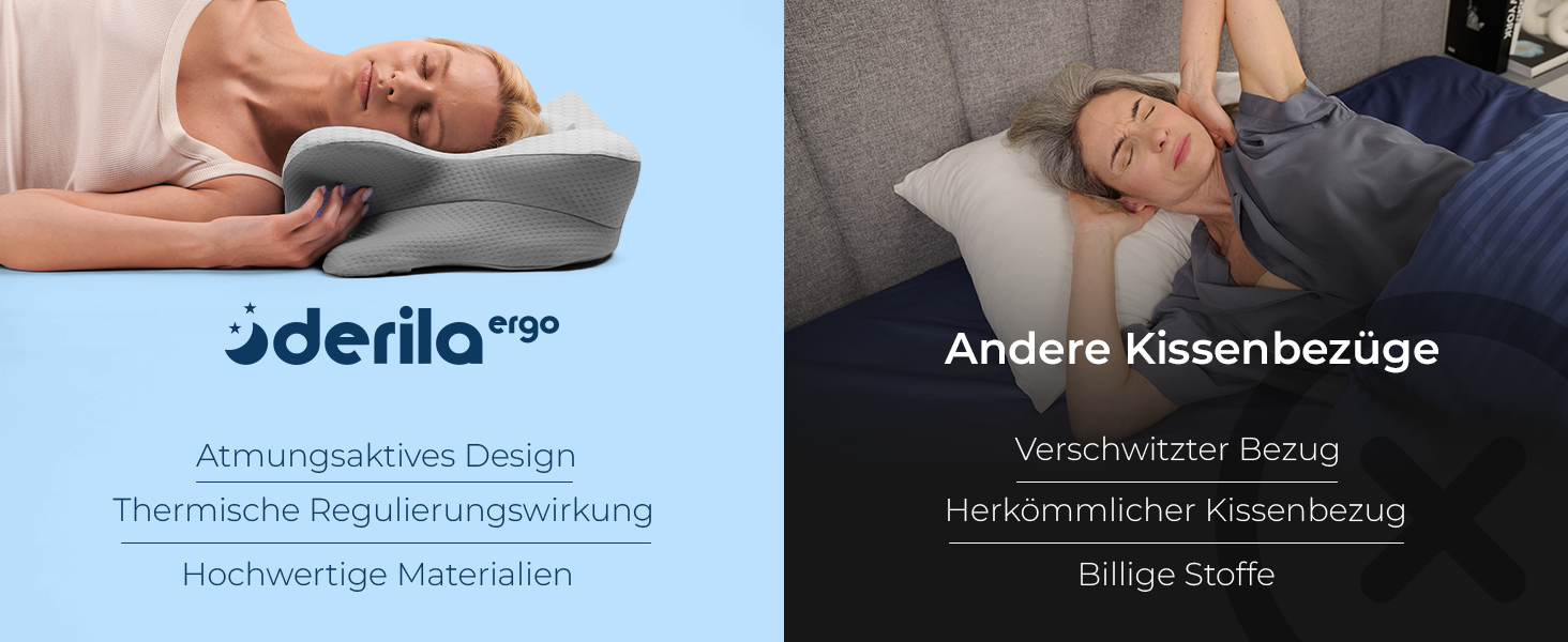 Ергономічна подушка для шиї та голови Derila з ефектом пам'яті (Memory Foam) для сну на боці, спині та животі, терморегуляційний чохол, 54x36x12 см