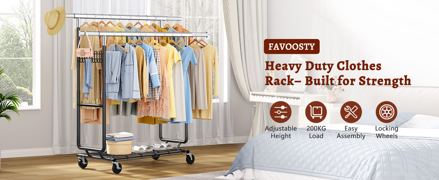 Стійка для одягу на колесах FAVOOOSTY, металева, мобільна, до 200 кг, чорна, 2 стійки