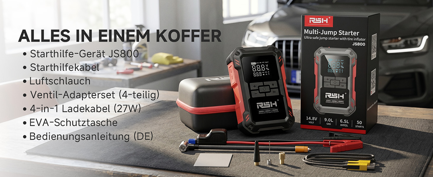 Пусковий пристрій RSH 4000A Jump Starter з компресором 150 PSI, бустер для авто 12V (бензин до 9.0L, дизель до 6.5L), Powerbank 10000 mAh та LED-ліхтарем, 4-в-1